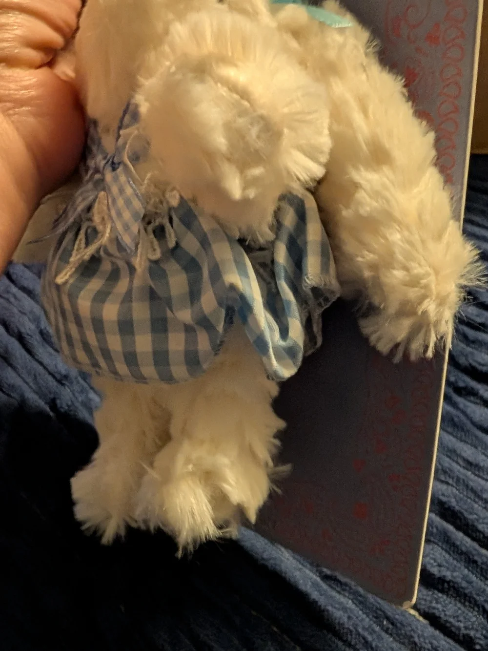 nOir  White Plush Bunny with Blue Gingham Dress